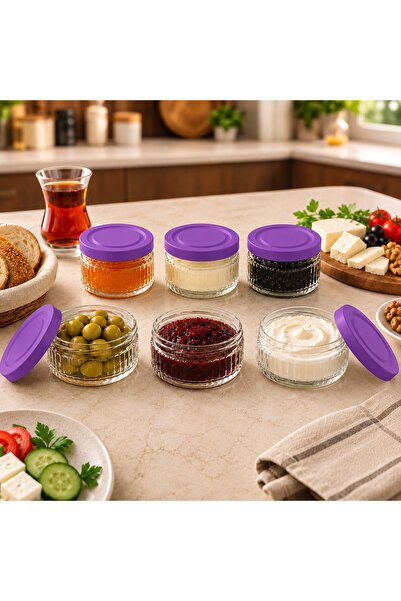 EVORRA LİVİNG 6-Piece Glass Breakfast Set 140 Cc |   Purple Lid Airtight Leak...