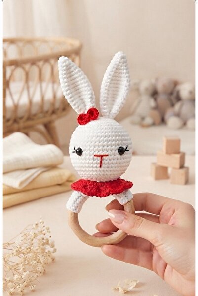 El Örgüsü Tavşan Amigurumi Diş Kaşıyıcı ve Bebek Çıngırak / Ahşap Halkalı Organik Bebek Oyuncak