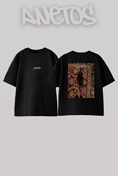 Anetos Black Cat_1 Design Back Printed Cotton Black Oversize T-Shirt