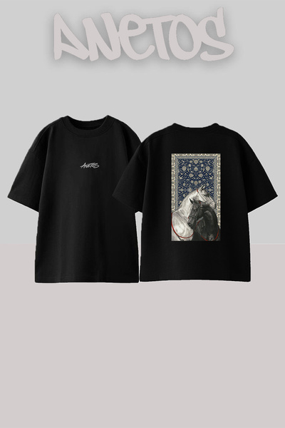 Anetos Horses Hali_7 Design Back Printed Cotton Black Oversize T-Shirt