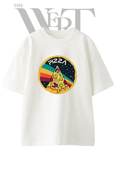 THEWERT Tricou oversize alb unisex cu imprimeu Pizza Space Design