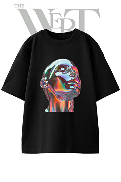 THEWERT Holographic Head Design Printed Unisex Black Oversize T-Shirt