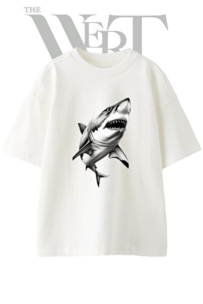 THEWERT Μπλουζάκι Great White Shark_1 με στάμπα σχεδίου, Unisex, λευκό, overs...
