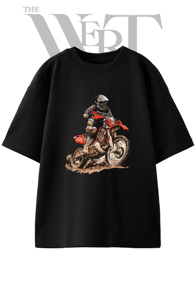 THEWERT تي شيرت أسود كبير الحجم مطبوع بتصميم Motocross Rider للجنسين