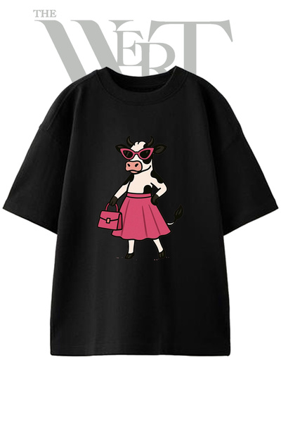 THEWERT Tricou oversize negru unisex cu imprimeu cu design de vacă, la modă