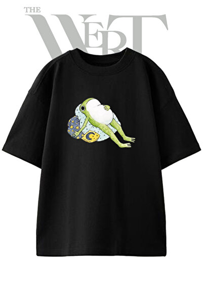 THEWERT Lazy Frog Design Printed Unisex Black Oversize T-Shirt