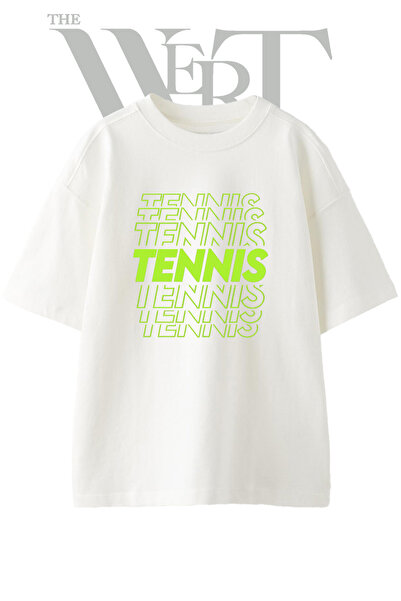 THEWERT Tennis Text Design Printed Unisex White Oversize T-Shirt