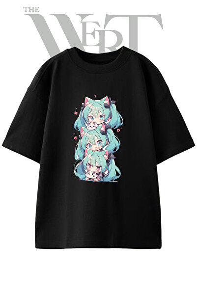 THEWERT Tricou oversize negru unisex cu imprimeu Hatsune Miku Neko Design