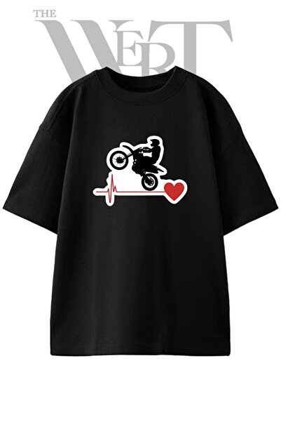 THEWERT Motocross Heartbeat Design Printed Unisex Black Oversize T-Shirt
