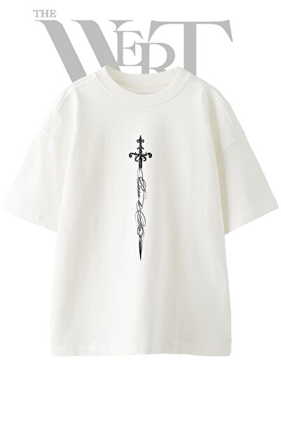 THEWERT Ornate Calligraphy Sword Design Printed Unisex White Oversize T-Shirt
