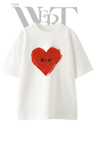 THEWERT Μπλουζάκι Red Heart Run με στάμπα σχεδίου, Unisex, λευκό, oversized