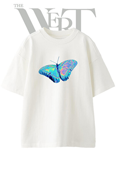THEWERT Holographic Butterfly Design Printed Unisex White Oversize T-Shirt
