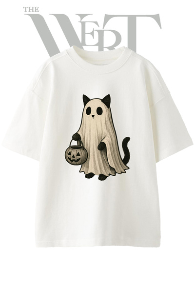 THEWERT Μπλουζάκι με στάμπα Ghost Cat Design, Unisex, λευκό, oversized