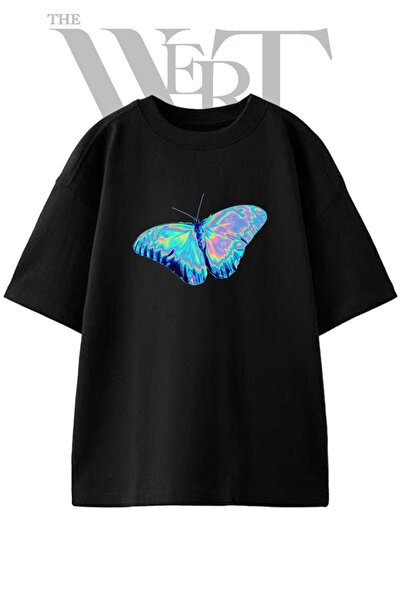 THEWERT Holografski dizajn leptira, štampana unisex crna oversize majica