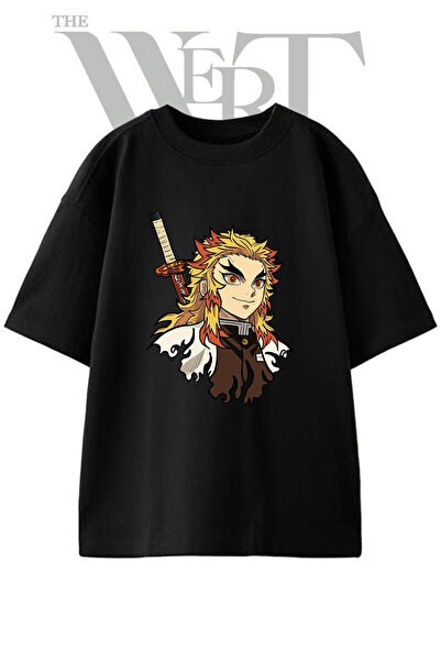 THEWERT Kyojuro Rengoku Design Printed Unisex Black Oversize T-Shirt