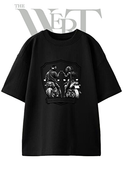 THEWERT Motorcu Cift 4 Design Printed Unisex Black Oversize T-Shirt