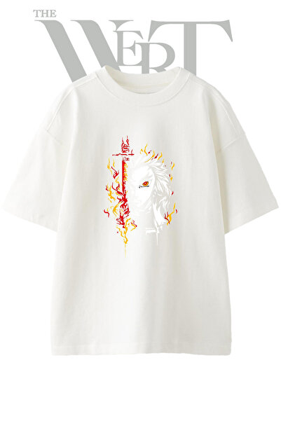 THEWERT Rengoku Kyojuro_1 Μπλουζάκι Unisex με στάμπα σχεδίου, λευκό, oversized