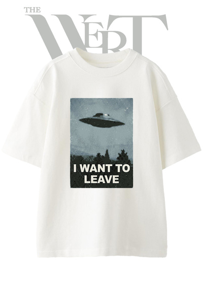 THEWERT Ufo I Want to Leave Design Printed Unisex White Oversize T-Shirt