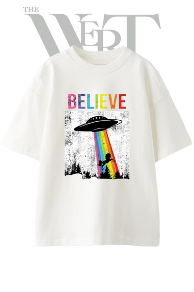 THEWERT Ufo Unicorn Believe Design Printed Unisex White Oversize T-Shirt