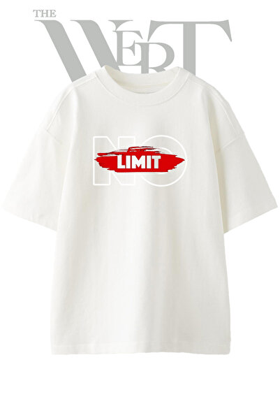 THEWERT تي شيرت أبيض كبير الحجم مطبوع بتصميم NO LIMIT للجنسين