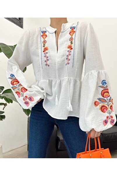PHUTİ COLLECTION بلوزة كتان مطرزة