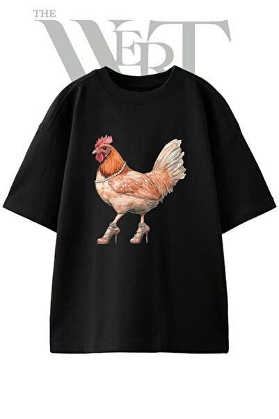 THEWERT Elegantna unisex crna majica sa štampanim dizajnom piletine