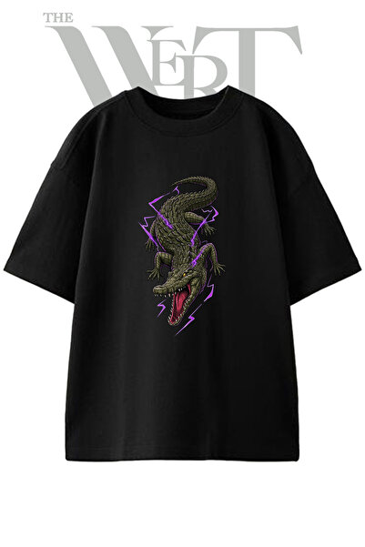 THEWERT Alligator Lightning Design Printed Unisex Black Oversize T-Shirt
