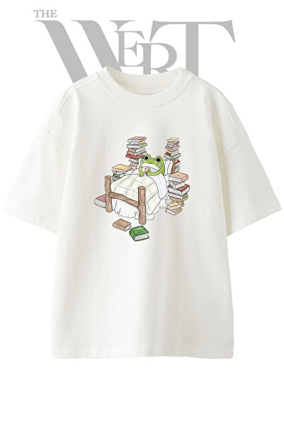 THEWERT Tricou oversize alb unisex cu imprimeu Okuyan Kurbaga Design