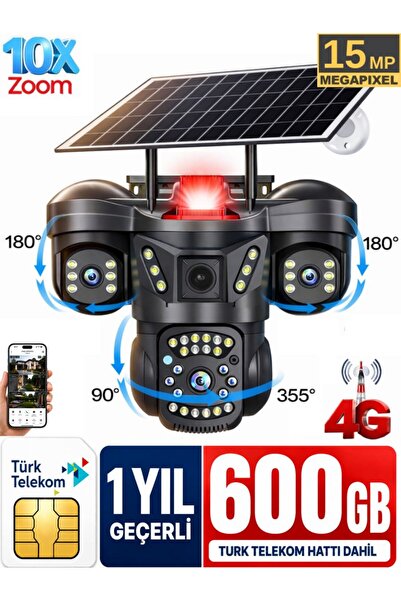 SONREİR RX66G 3 Kameralı 4G Solar Güvenlik Kamerası 600GB Sim Kart Dahil Gece...