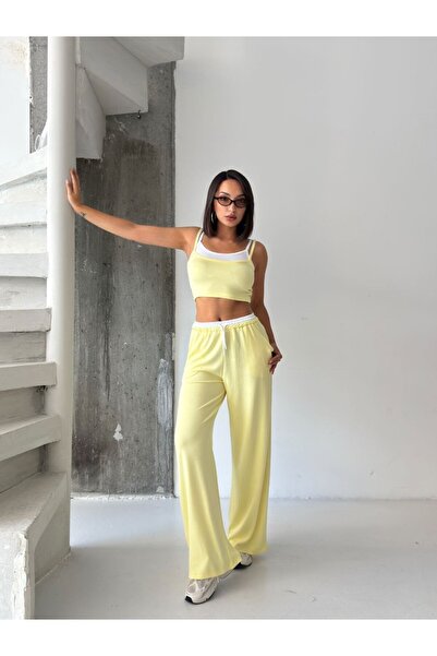 Defne Moda Kontrast Biyeli Crop Atlet Bol Paça Pantolon İkili Takım