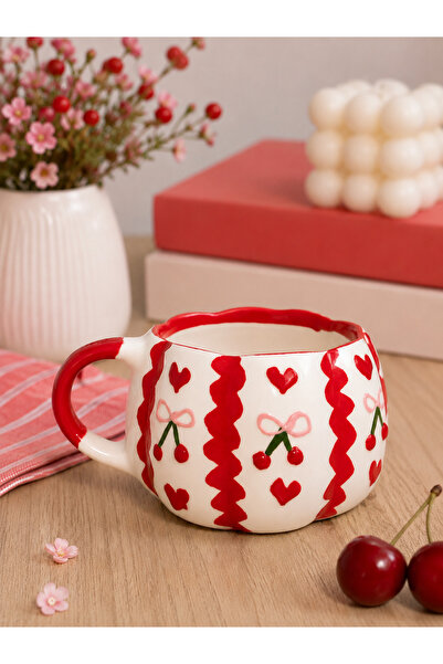 Kotium Ceramics كوب سيراميك مصنوع يدويًا بالكامل مع زخرفة على شكل فيونكة - كر...