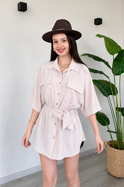 Generic Brand Women's Belted Oversize Shirt Tunic with Pockets Loose Fit