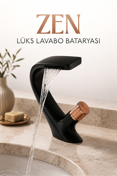 Badem10 ZEN Şelale Tipi Kısa Lavabo Bataryası Mat Siyah & Rose Gold Lüks Tasa...