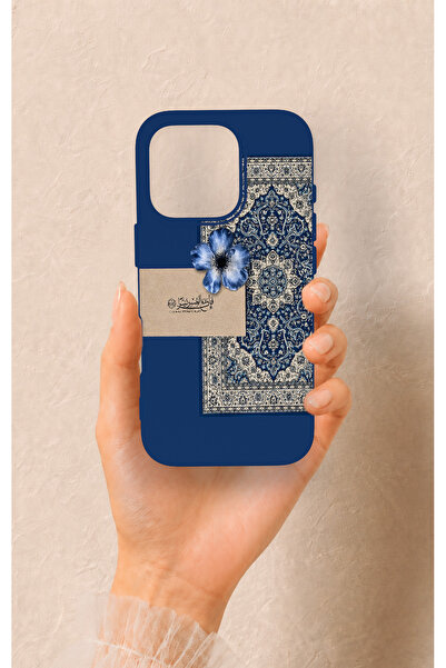 Vip Case iPhone 16 Pro Uyumlu Mavi Etnik Halı Desenli Silikon Kılıf