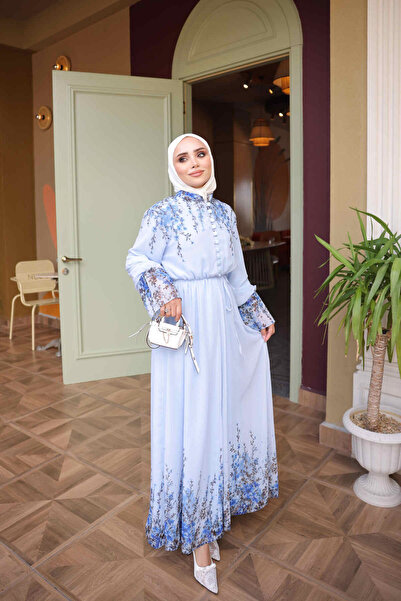İmajButik Ice Blue Elastic Waist Patterned Dress