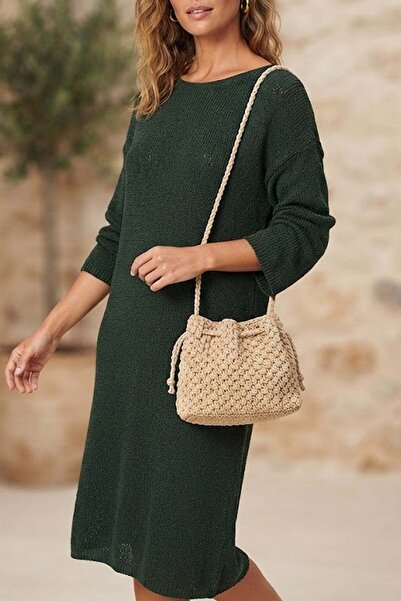 Ayakkabı Fuarı Elit Btn03 Women's Knitted Shoulder Bag Beige