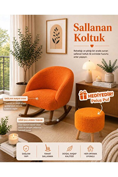 DEKOZUM LAVİN Sallanan Koltuk Berjer Koltuk Teddy Kumaş Ahşap Ayaklı PUF HEDİ...
