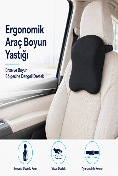 VISCORA Araç Boyun ve Ense Destek Yastığı – Visco Dolgulu, Ayarlanabilir Kemerli