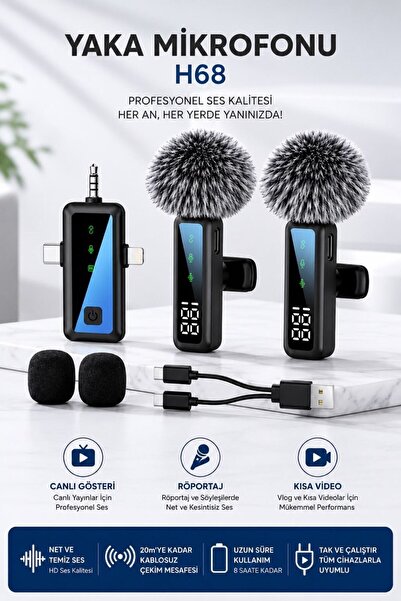 DURUBO Yaka Mikrofonu Type-C Lightning Aux 2 Adet 3IN1 Kablosuz Mikrofon H68 ...