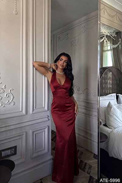 buqre's moda Boyundan Bağlamalı Saten Slim Uzun Elbise