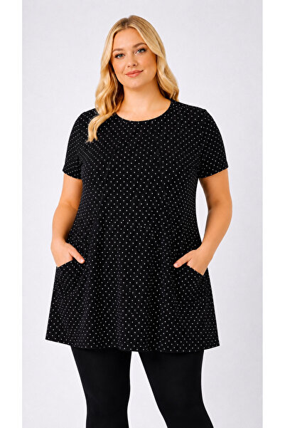 HÜLYA BUTİK Women's Plus Size Black Polka Dot Double Pocket Belted Blouse
