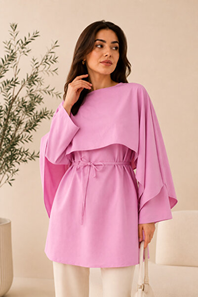 SADEL Pelerinli Beli Bağcıklı Vual Tunik - Pembe