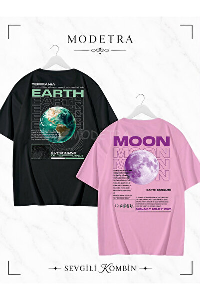 Modetra Women Men Earth Moon Back Printed Lover Couple Combination Oversize L...