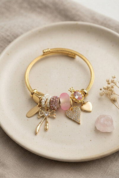 Lisinya Bow and Heart Pink Charm Bracelet -