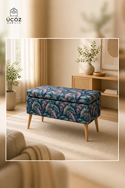 Üçöz Yaprak Desenli 80 cm Sandıklı Puf Bench Ahşap Ayaklı Depolama Oturma Bankı