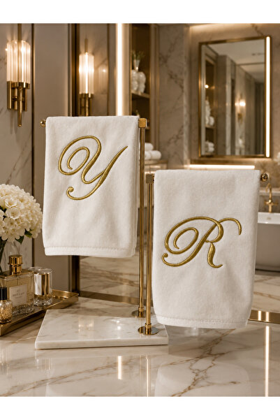 LARENİS Kişiye Özel Kadife El Havlusu 2’li Set 30x50 cm | Gold Harf Nakışlı L...