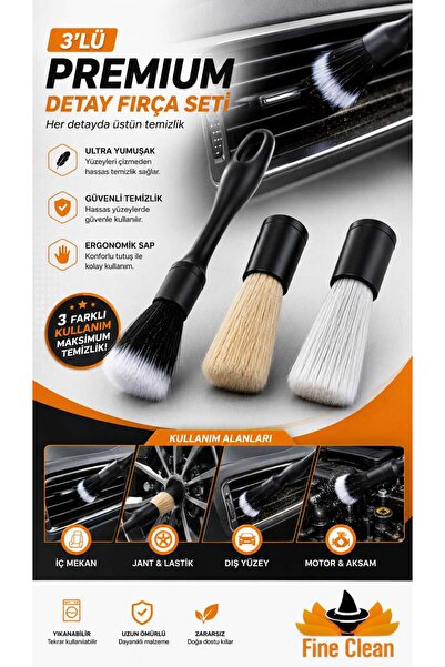 Fine Clean 3'lü Oto Araç İçi Detay Temizlik Fırçası Seti – Yumuşak, Jant, Hav...