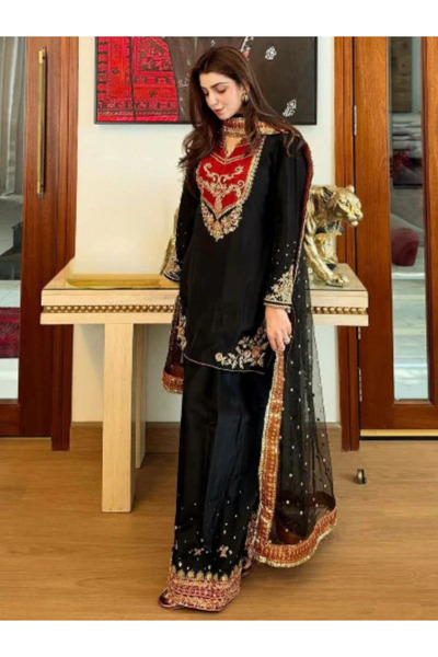 MYSMAR Black Maska Cotton Embroidered Kurta Palazzo Set - HRT8185 | Black-Siz...