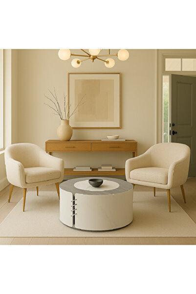GLAMOURE HOME طاولة قهوة دائرية مودرن ذكية (2 في 1) قابلة للتمدد والتفكيك، مع مركز من بديل الرخام الأبيض بإطار خشبي رمادي وقاعدة أسطوانية بيضاء.