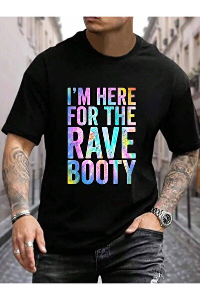 23ERVA تي شيرت رجالي أسود 100% قطن، بتصميم تاي داي وطباعة 'Rave Booty Quote'،...